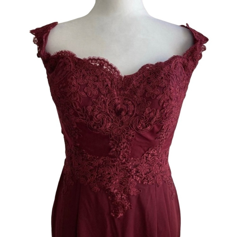Long Burgundy Lace Off The Shoulder Prom Dress
